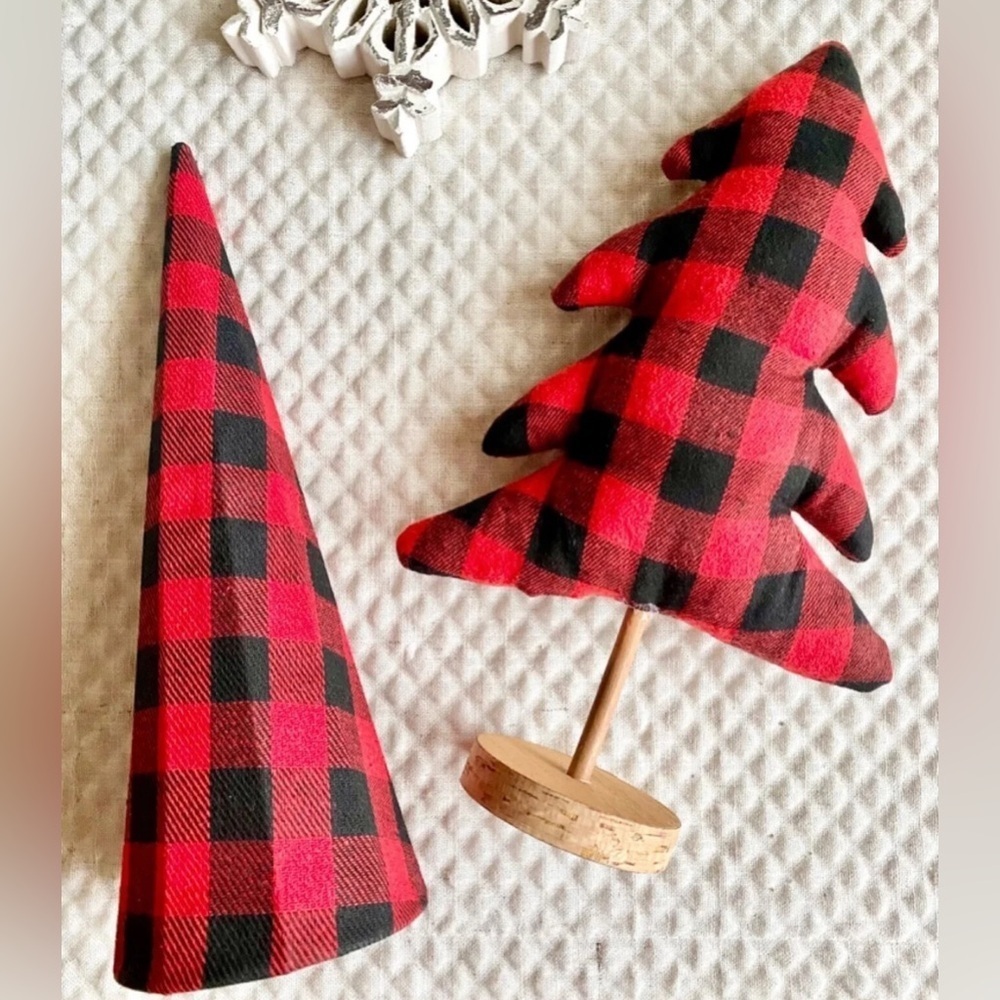 New 12” Red & Black Buffalo Check Plaid Fabric Christmas Tree Set of 2